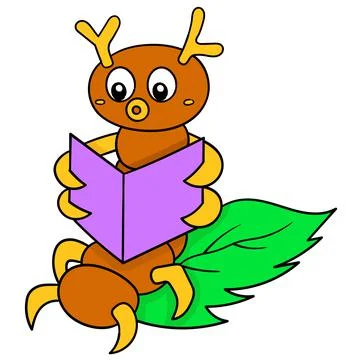 A caterpillar insect is sitting on a leaf reading a book, doodle icon image k Stock Illustration
