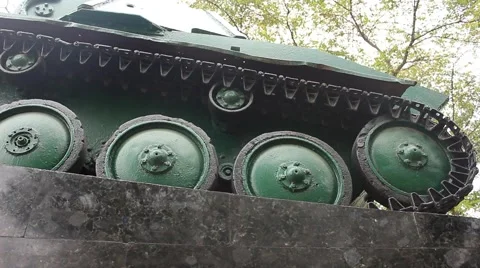 Caterpillar of Retro Soviet World War II Tank at a Postament Stock Footage 65793985