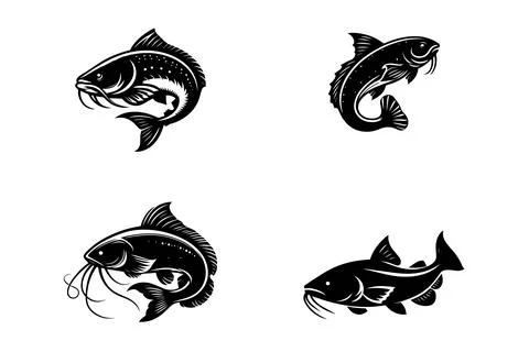 Catfish silhouette set collection isolated black on white background vector.. Stock Illustration