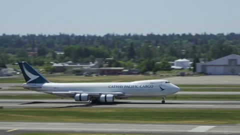 Cathay Pacific Cargo Boeing 747-8F smoky landing at Portland International Stock-Footage 200929250