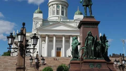 Cathedral and Alexander II Statue at Senate Square in Helsinki, Finland Stock Footage 170653839