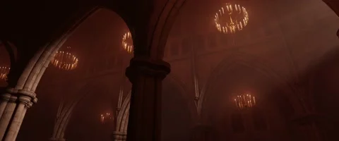 Cathedral and old stone pillar arch architecture with candle light chandeliers Stock Footage 156488353