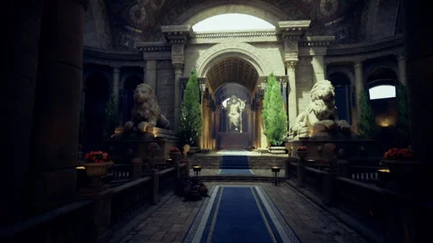 Cathedral atrium illuminated by torchlight with peaceful echoes and sculptures Stock Footage 339616481