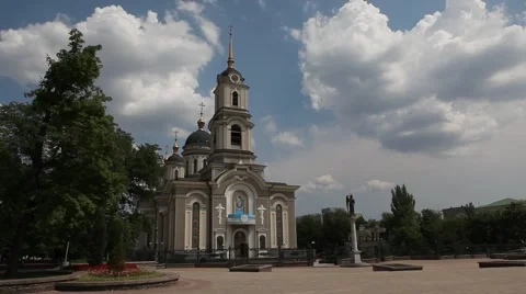 Cathedral in the background moving clouds Stock Footage 5398406