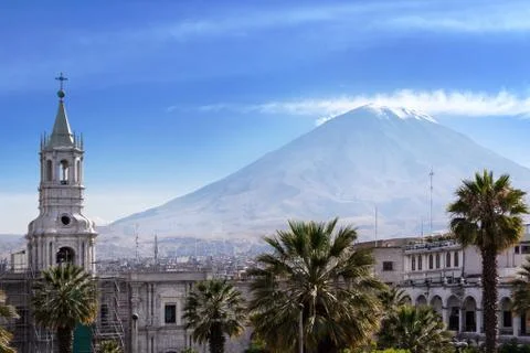 Cathedral in the background volcano Stock Photos
