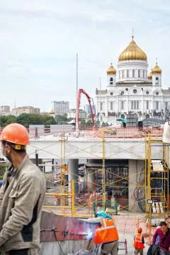 Cathedral of christ the savior view. Workers during pandemic coronavirus. Stock Photos