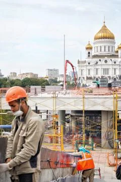Cathedral of christ the savior view. Workers during pandemic coronavirus. Stock Photos