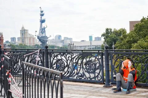 Cathedral of christ the savior view. Workers during pandemic coronavirus. Stock Photos