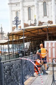 Cathedral of christ the savior view. Workers during pandemic coronavirus. Stock Photos