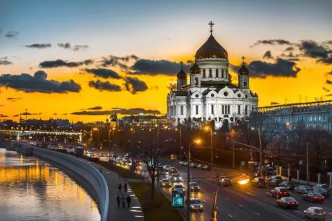 Cathedral of Christ the Saviour against Moskva river at night Stock Photos