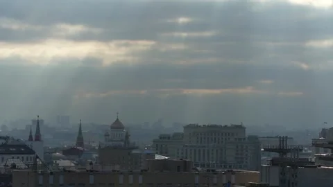 Cathedral of Christ the Saviour and Kremlin in Moscow under Dramatic Sky Stock Footage 308865729