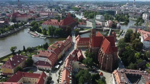 Cathedral church, Oder river, Wrocław, Poland, 4k clip Stock Footage 210813221