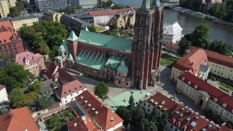 Cathedral church, Oder river, Wrocław, Poland, 4k clip Stock Footage 210813536