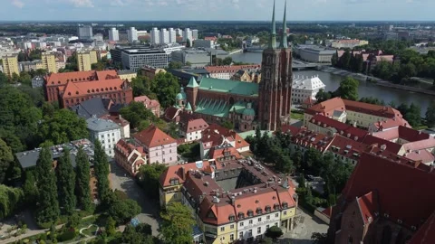 Cathedral church, Oder river, Wrocław, Poland, 4k clip Stock Footage 210813812