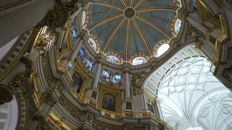Cathedral Dome and Interior Pan Down in Granada Spain Stock Footage 336007610