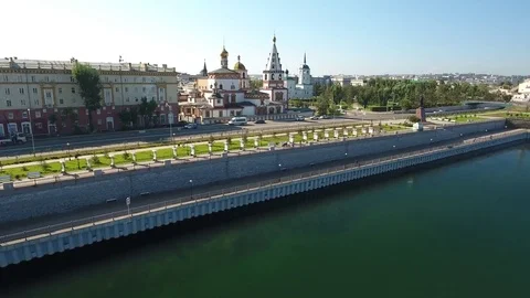 Cathedral Epiphany ancient temple Irkutsk Russia. Aerial fpv flight. Ob river Stock Footage 74621382
