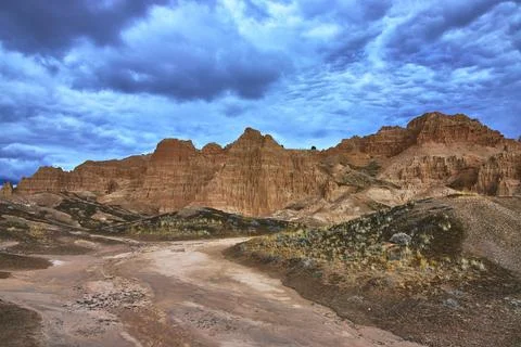 Cathedral Gorge Dramatic Cliffs Juniper Draw Trail and Moody Desert Sky Stock Photos