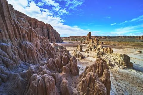 Cathedral Gorge State Park Dramatic Clay Formations and Blue Sky Landscape .. Stock Photos