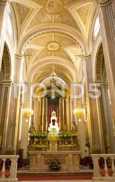 Cathedral interior altar cross arches morelia mexico Stock Photos