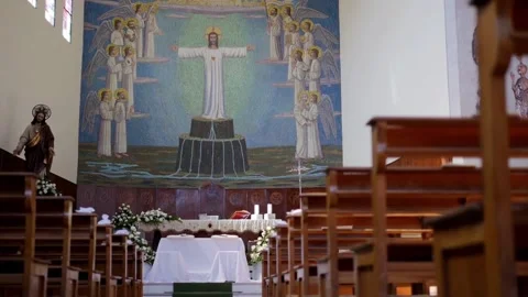 Cathedral Interior, Wedding Ceremony Preparation in Front of Altar. Jesus Stock Footage 154115880