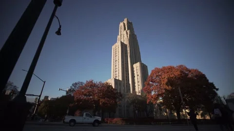 Cathedral of Learning Oakland Fall Sunny Timelapse Static 4K 8 Video stock 137554953