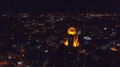 Cathedral Of Learning Victory Lights Night Aerial 4K Stock Footage 72500738