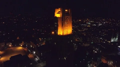 Cathedral Of Learning Victory Lights Night Aerial 4K 2 Stock Footage 72500741