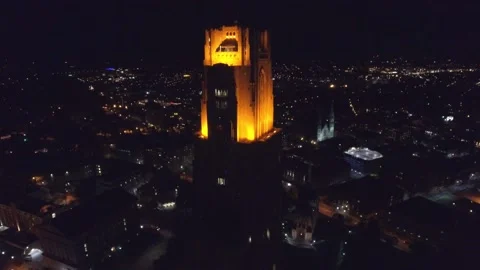 Cathedral Of Learning Victory Lights Night Aerial 4K 3 Stock Footage 137555030