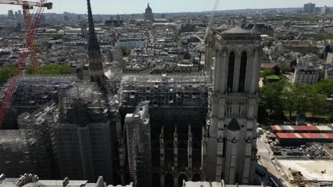 Cathedral Notre Dame de Paris in France, construction site. Aerial Stock Footage 277271739