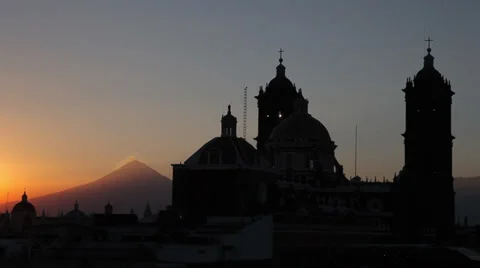 Cathedral Puebla sunset with volcano Stock Footage 39699321