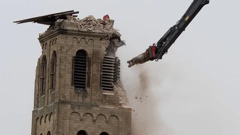 Cathedral is razed to the ground as it begins demolition of an entire village Stock Footage 85021012
