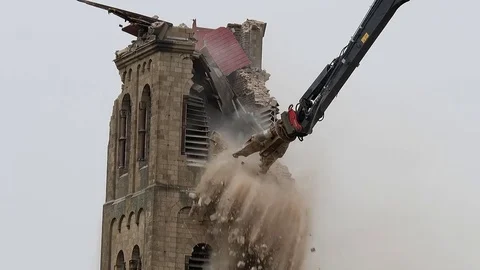 Cathedral is razed to the ground as it begins demolition of an entire village Stock Footage 85029245