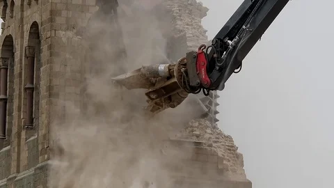 Cathedral is razed to the ground as it begins demolition of an entire village Stock Footage 85030382