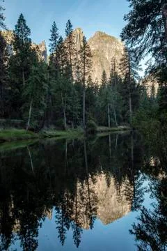 Cathedral Rocks Reflection on the Merced River Stock Photos