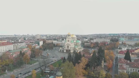 Cathedral Saint Aleksandar Nevski in Sofia, Bulgaria - Aerial view Stock Footage 141878317