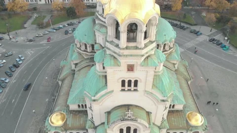 Cathedral Saint Aleksandar Nevski in Sofia, Bulgaria - Aerial view Stock Footage 141878336