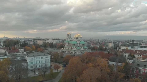 Cathedral Saint Aleksandar Nevski in Sofia, Bulgaria - Aerial view Stock Footage 141878354