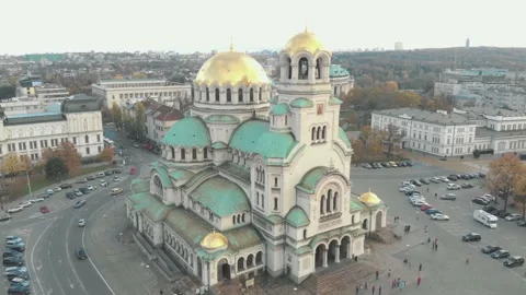 Cathedral Saint Aleksandar Nevski in Sofia, Bulgaria - Aerial view Stock Footage 141878360