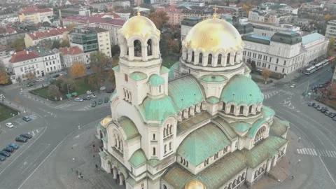 Cathedral Saint Aleksandar Nevski in Sofia, Bulgaria - Aerial view Stock Footage 141878386