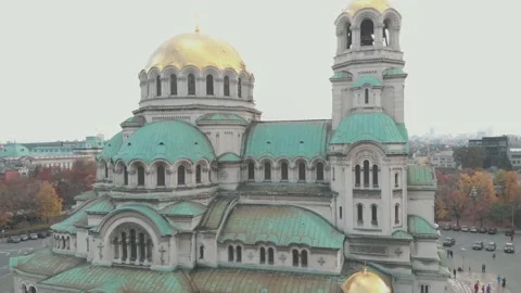 Cathedral Saint Aleksandar Nevski in Sofia, Bulgaria - Aerial view Stock Footage 141878391