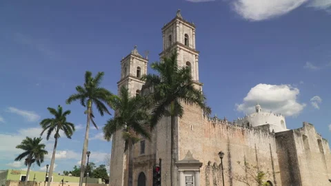 Cathedral of San Servacio in colonial town of Valladolid, Mexico Stock Footage 156522875