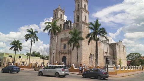 The Cathedral of San Servacio in colonial town of Valladolid, Yucatan, Mexico Stock Footage 158615233