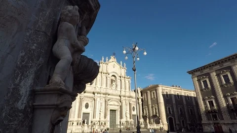 Cathedral square Catania, historical building, from antique fountain Stock Footage 106202047