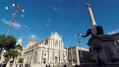 Cathedral square Catania, historical building, antique elephant symbol Stock Footage 106202052