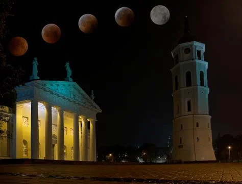 Cathedral of Vilnius with total eclipse of moon Stock Photos