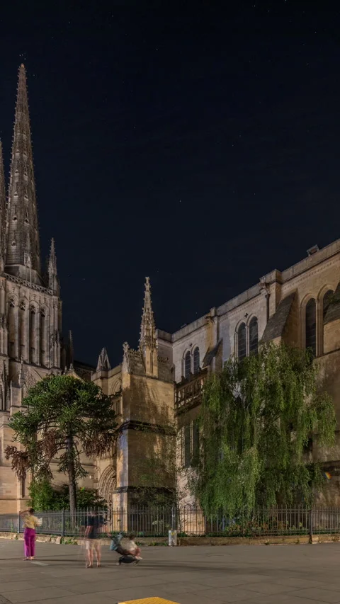 Cathedrale Saint-Andre night timelapse hyperlapse with twin spires Stock Footage 321892966
