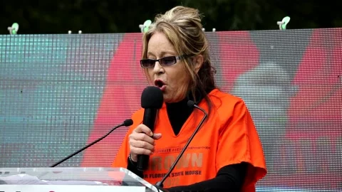 Cathi Chamberlain speaks in support of January 6th rioters at a protest rally Video stock 213274358