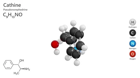 Cathine. Stimulant. 3D model of a molecule. C9H13NO. White background. 3D render Stock Footage 295134332
