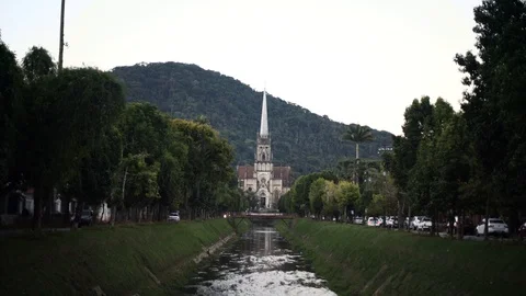 Catholic Cathedral with mountain as background in Petropolis, Brazil Stock Footage 119393464