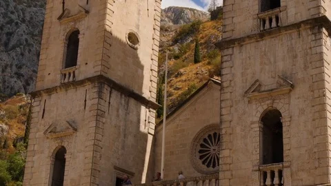 Catholic cathedral of Saint Tryphon in old city of Kotor. Tilt shot Video stock 83123357